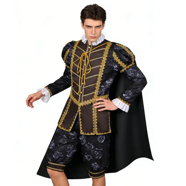 Costume de cour royale Tudor pour homme avec cape, conçu pour les spectacles de scène et le cosplay.