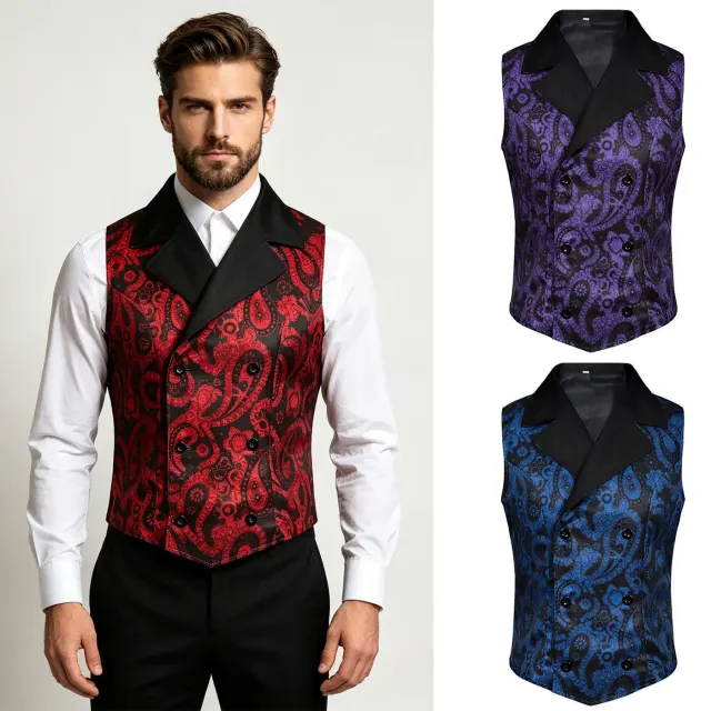 Chaleco victoriano steampunk para hombre mostrado en rojo con estilo gótico y renacentista para disfraces de Halloween.