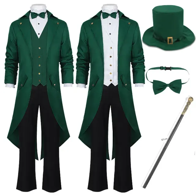 Costume cosplay queue-de-pie de style victorien à manches longues pour homme, avec col de chemise, nœud papillon et détails en tissu jacquard.