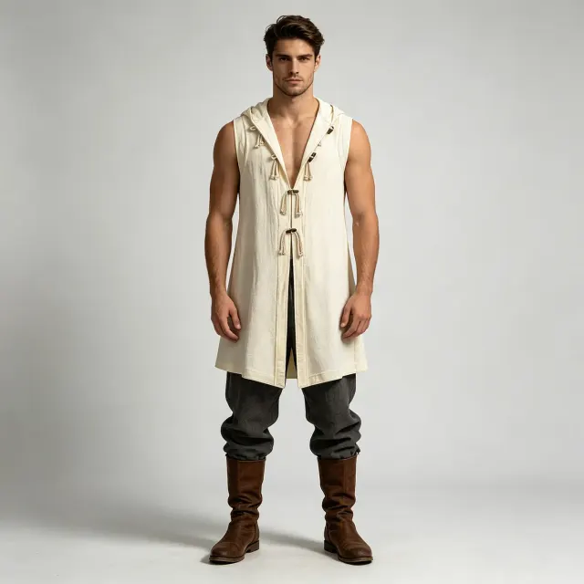 Men's Viking Medieval Renaissance Hooded Tunic Vest detail 2