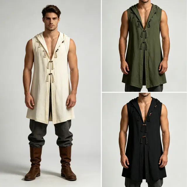 Gilet tunique à capuche viking Renaissance beige pour homme, avec manches longues, pour cosplay médiéval.