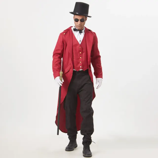 Conjunto de disfraz de frac de estilo corte vintage para hombre, con chaqueta estampada de manga larga y pantalón largo, con estilo de mago medieval para cosplay de Halloween.