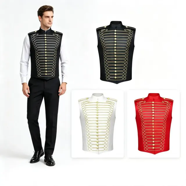 Gilet à col montant de style militaire avec broderie géométrique, destiné au cosplay Halloween et aux spectacles de scène.