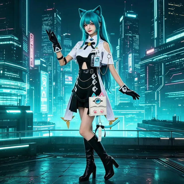 Costume cosplay d'anime style Esper vert menthe avec accessoire sac à dos queue de chat.