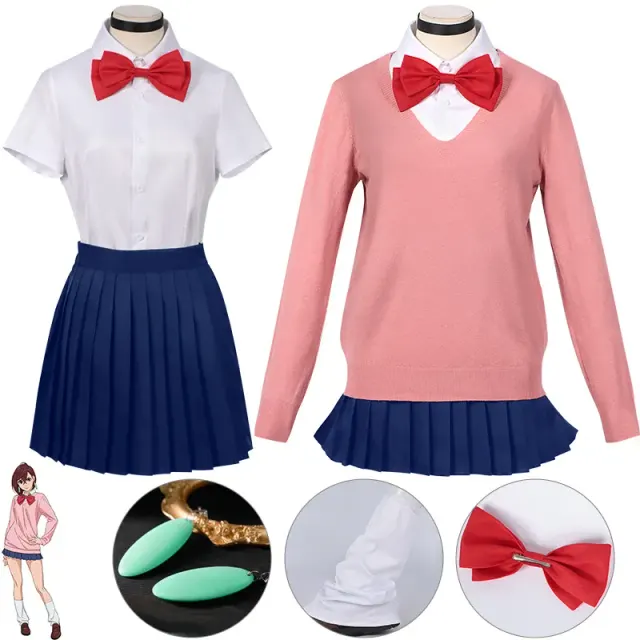 Conjunto cosplay de Momo Ayase estilo uniforme escolar, mostrado con la opción de peluca de Momo Ayase.