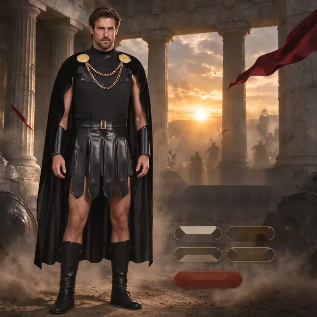 Odyssey-Mittelalter-Krieger-Cosplaykostüm mit Schulterklappen und Umhang.