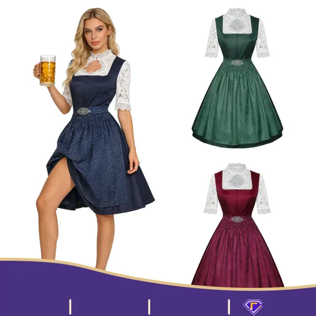 Oktoberfest-Kellnerin-Kleid für Damen mit kurzen Ärmeln und Spitzenschürze, präsentiert als dreiteiliges Cosplay-Kostüm-Set.