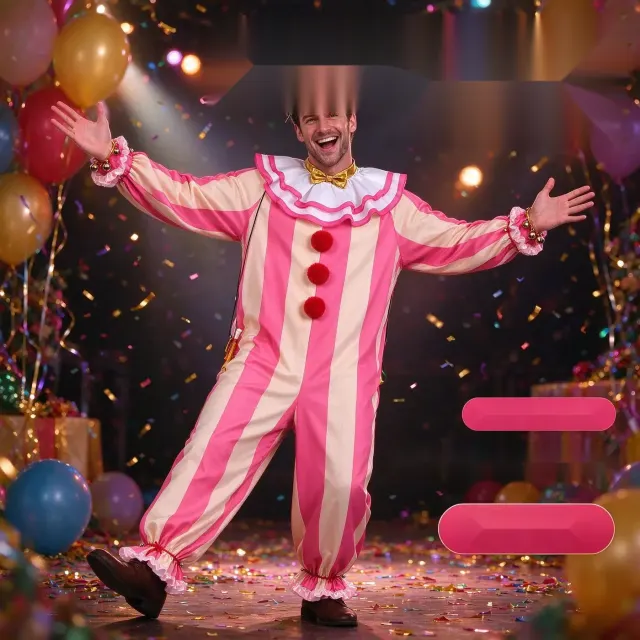 Rosa-weiß gestreifter Clown-Jumpsuit mit Dekorationszubehör für Karneval-Cosplay und Paradenauftritte.