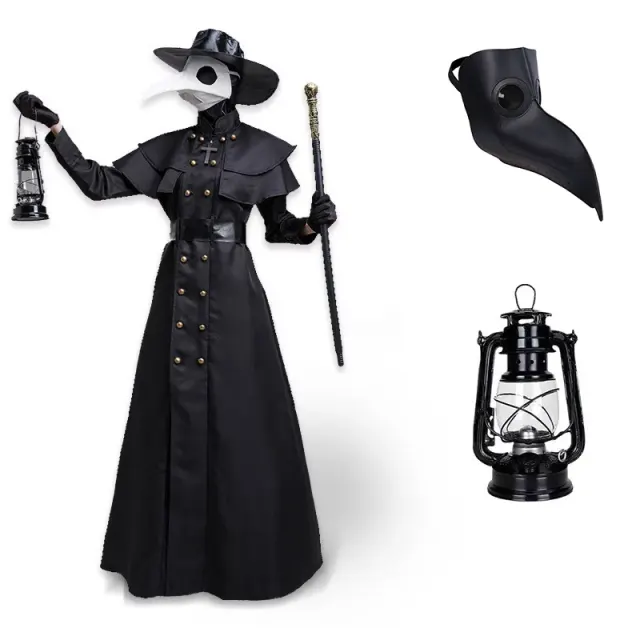 Hauptbild zeigt ein Pestdoktor-Cosplay-Kostüm mit Vogelschnabelmaske, Hut, Kopfhaube, Gewand, Handschuhen und Gürtel.