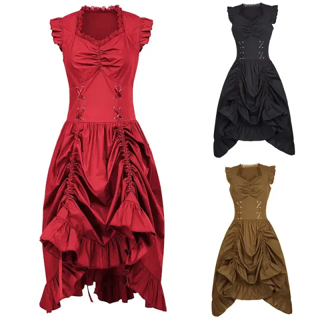 Vestido sin mangas con volantes de talla grande mostrado en rojo para prendas de escenario de inspiración medieval, renacentista y victoriana.