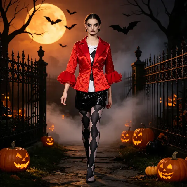 Ein rot-schwarzes Harlekin-Clown-Cosplay-Kostüm mit Rautenmuster für Damen, konzipiert für Halloween-Partys und Bühnenauftritte.