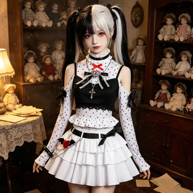 Disfraz cosplay Requiem de rima infantil en blanco y negro con mangas largas y estampado de puntos.