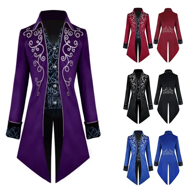 Schwarzer Gothic-Frack mit Silberbesatz als Unisex-Jacke für Cosplay und Bühnenauftritte.