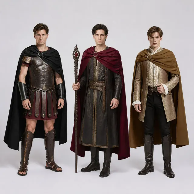 Black ancient Roman warrior cosplay cape in a vintage style, suitable for Halloween role-play.