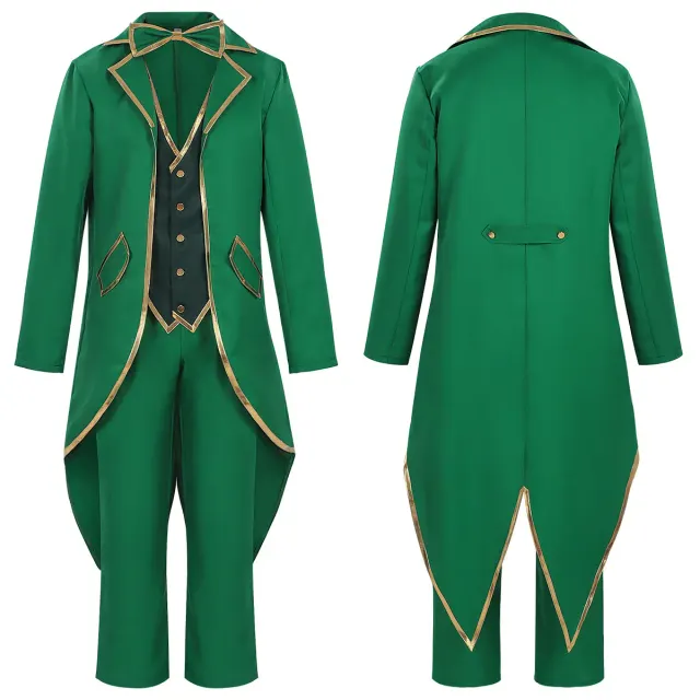 Ein irisches St. Patrick's-Day-Elfenkostüm für Cosplay mit einem Vintage-Mantel im Gothic-Stil, Elfenhut und Fliege.