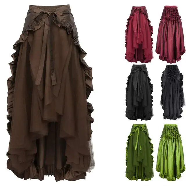 Black steampunk pirate midi skirt with an irregular ruffled hem, designed for gothic and Renaissance cosplay.