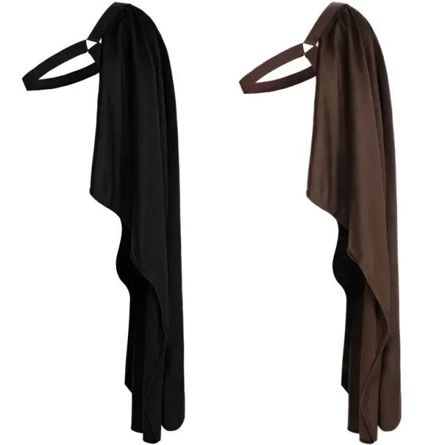 Une cape steampunk à une épaule unisexe avec ceinture, disponible en marron ou en noir pour des costumes médiévaux et d'Halloween.