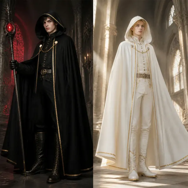 Eine lange weiße Unisex-Kapuzenrobe mit Goldbesatz, gestaltet für mittelalterliche Halloween- und Cosplay-Kostüme.