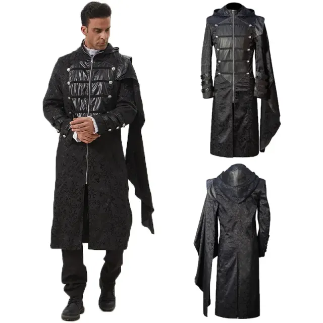 Cape-manteau gothique steampunk noir effet cuir avec col montant, conçue comme costume unisexe pour Halloween ou représentation scénique.