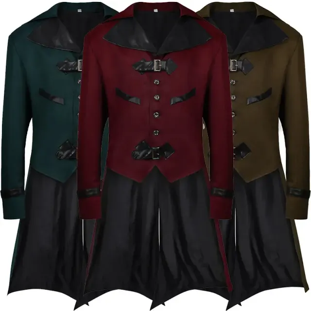 Das Hauptbild zeigt eine Unisex-Frackjacke im Gothic-Steampunk-Stil in Olivgrün für Halloween- und Theaterkostüme.
