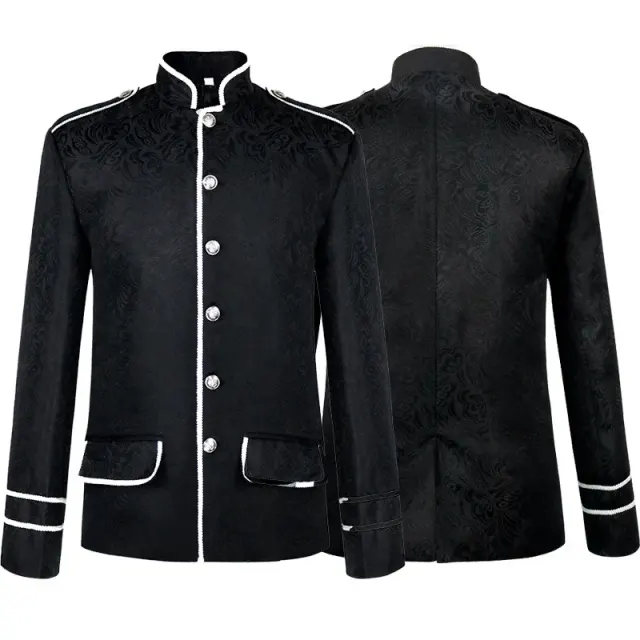 This black jacquard Gothic suit jacket is designed for medieval, steampunk, and Victorian theater costumes.