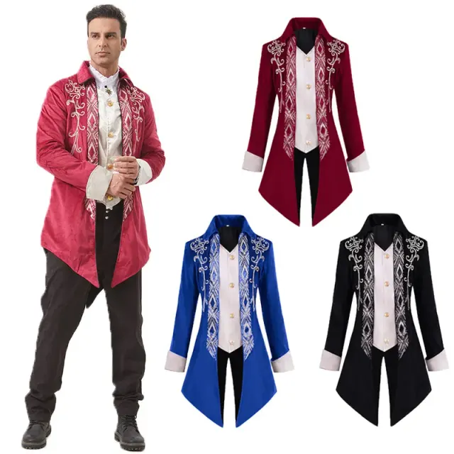 Una chaqueta de frac unisex de estilo gótico steampunk victoriano en negro, confeccionada en poliéster para vestuario teatral y de escenario.