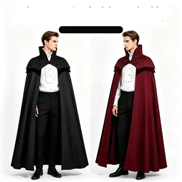 Cape de vampire gothique avec col montant et motif jacquard, disponible en noir ou rouge pour le cosplay d'Halloween et les tenues de scène.