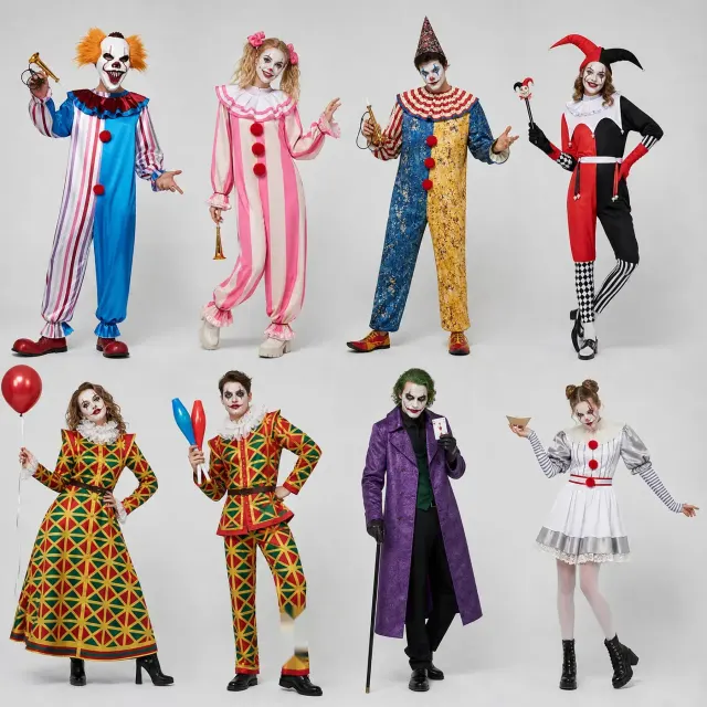 Unisex Halloween circus clown costume designed for cosplay, carnival, and stage performances.