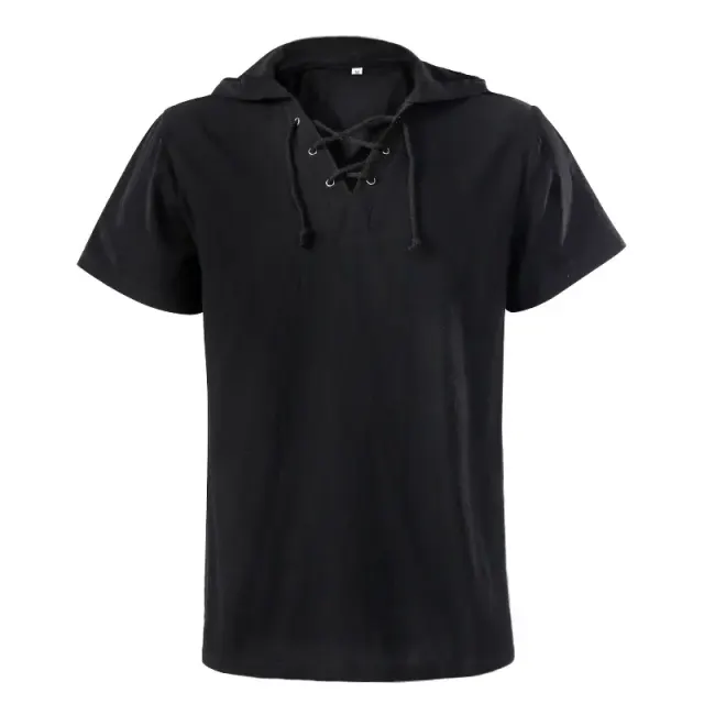 Chemise médiévale unisexe à capuche et laçage à manches courtes détail 2