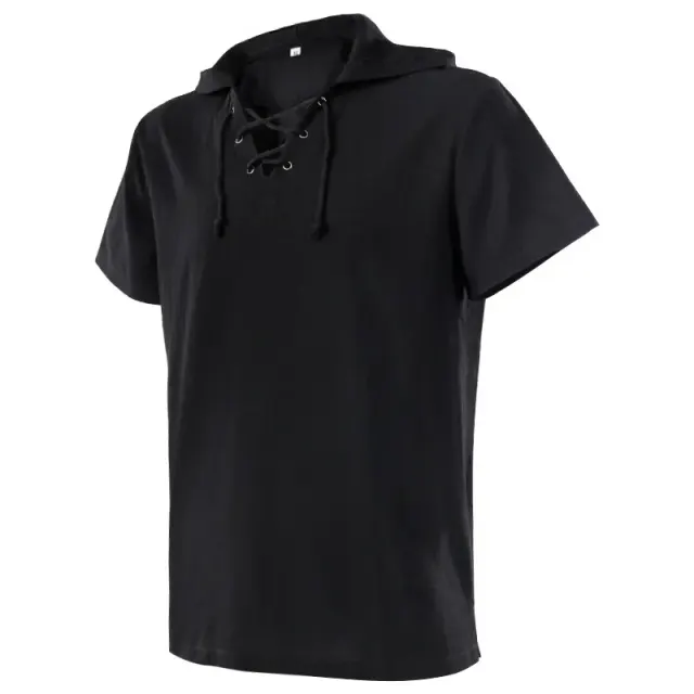 Chemise médiévale unisexe à capuche et laçage à manches courtes détail 4