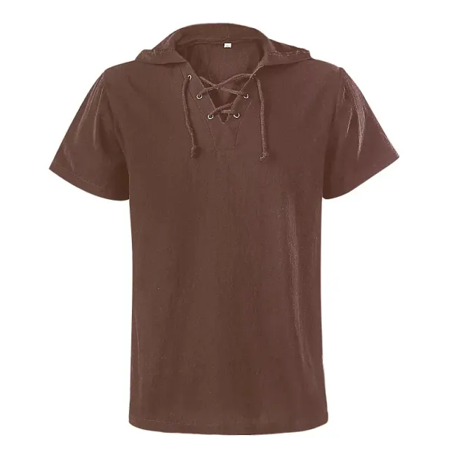 Chemise médiévale unisexe à capuche et laçage à manches courtes détail 15