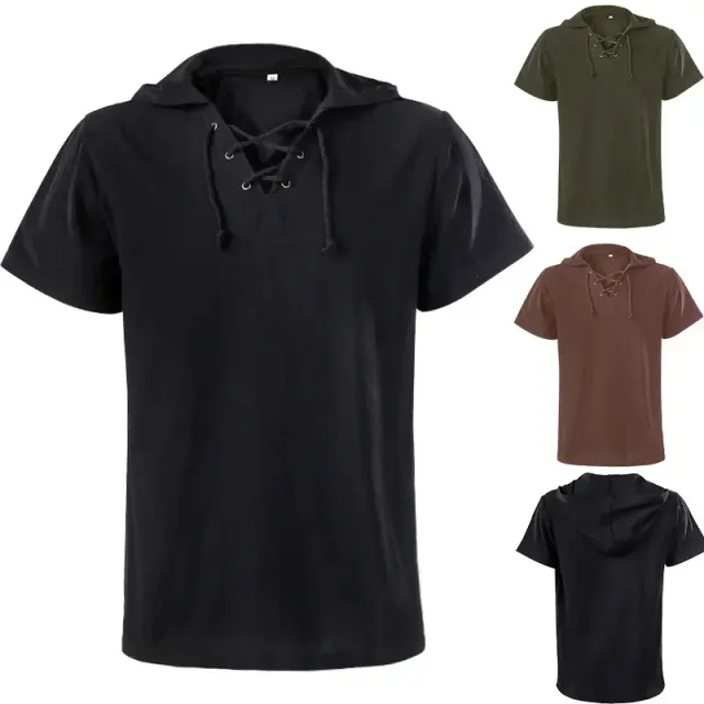 Chemise unisexe à manches courtes de style médiéval, à capuche et avec détails de laçage, présentée en coloris uni pour la scène ou le cosplay.