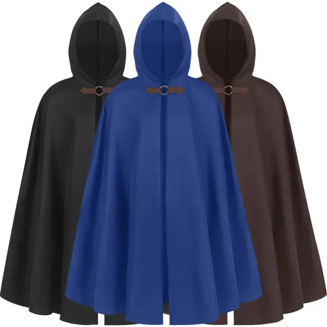 Cape à capuche noire unisexe avec une longue silhouette de costume médiéval de pirate et vampire pour une tenue de scène Halloween.