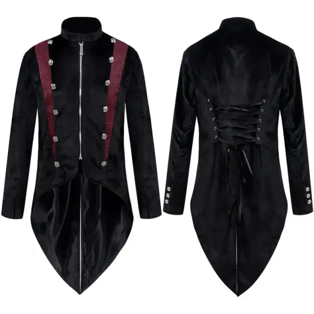Veste queue-de-pie steampunk unisexe à laçage, avec une longue silhouette d'inspiration médiévale pour les costumes Halloween et de scène.