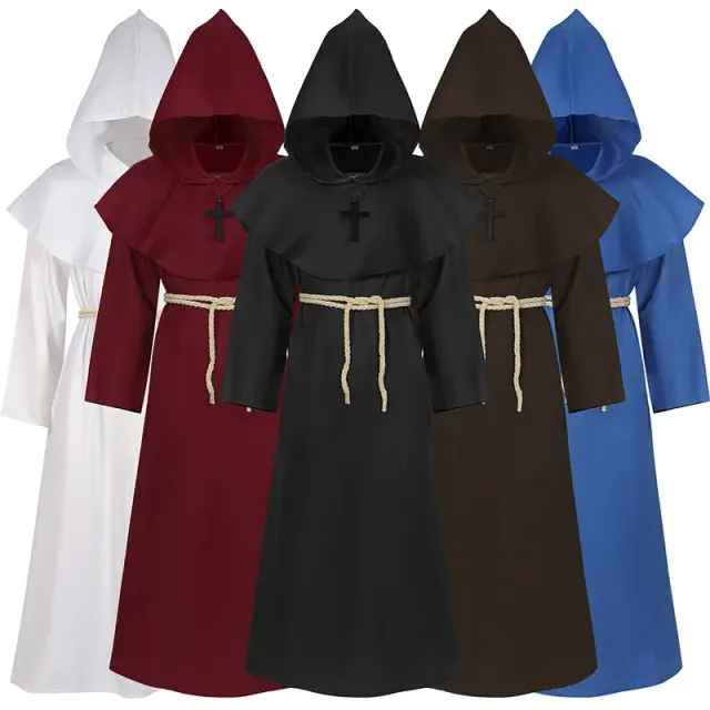 Eine Unisex-Grim-Reaper-Robe im Mittelalter-Stil in Schwarz mit langer, vintage-inspirierter Silhouette für Halloween-Cosplay.