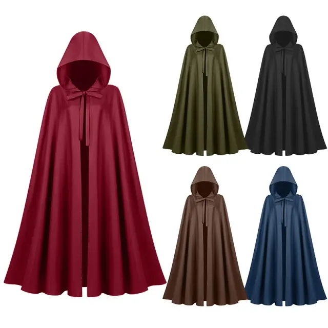 Ein Unisex-Kapuzenumhang im Mittelalter-Stil in Einfarbig, gestylt als lange Halloween-Cosplay-Robe.