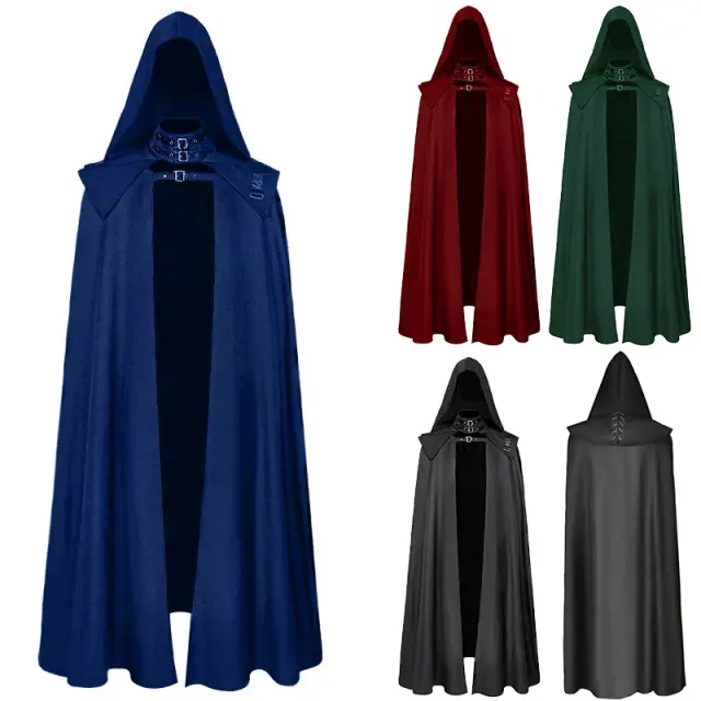 Une cape cosplay à capuche de style médiéval, mixte, présentée en bleu avec une longue silhouette spectaculaire pour la scène et les costumes fantasy.