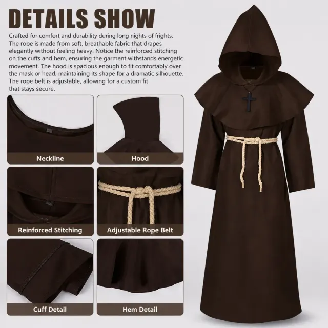 Unisex mittelalterliches Priestergewand mit Kapuze und Kreuz, Halloween-Kostüm Detail 19