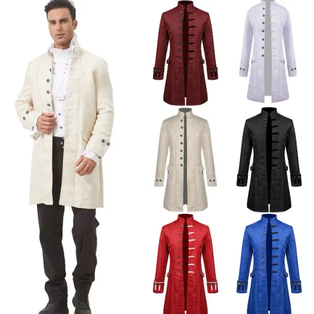 Black unisex medieval jacquard court coat with a stand collar, shown for a costume catalog.