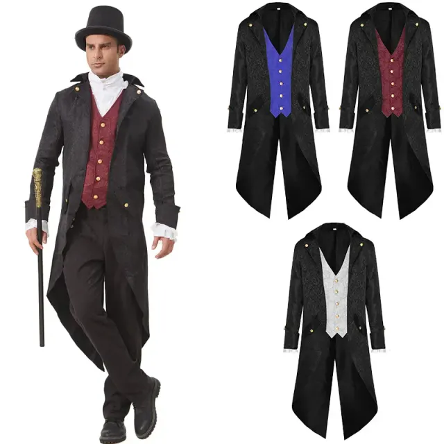 Unisex-Frack mit mittelalterlichem Jacquardmuster und langer, von Steampunk inspirierter Silhouette, konzipiert für Cosplay- und Halloween-Kostüme.