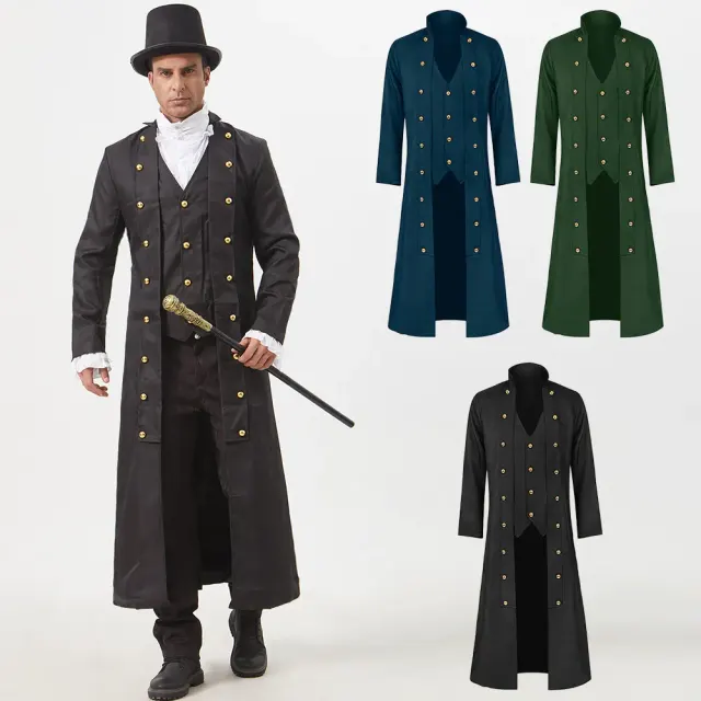 Schwarze Unisex-Korsettjacke im Mittelalter-Stil mit langen Ärmeln, Stehkragen, dreireihiger Knopfleiste und gekreuzter Taillenschnürung.