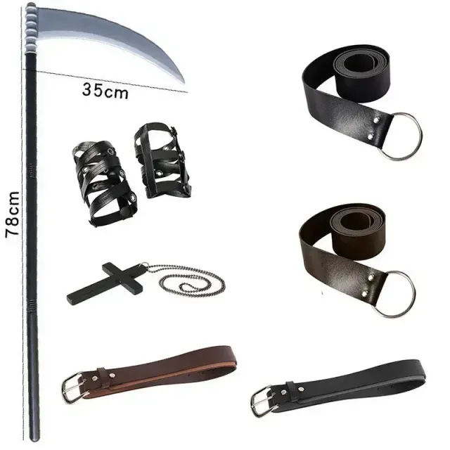 Un ensemble d'accessoires de costume médiéval Oktoberfest unisexe est présenté avec des options de ceintures et accessoires marron et noir.