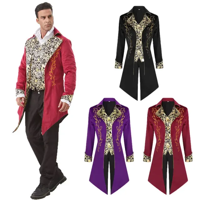 Frac estampado de estilo medieval de manga larga en rojo con silueta de levita larga.