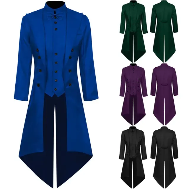 Unisex medieval punk-style tailcoat costume with a bow tie, shown in a mid-length silhouette for Halloween or theatrical wear.