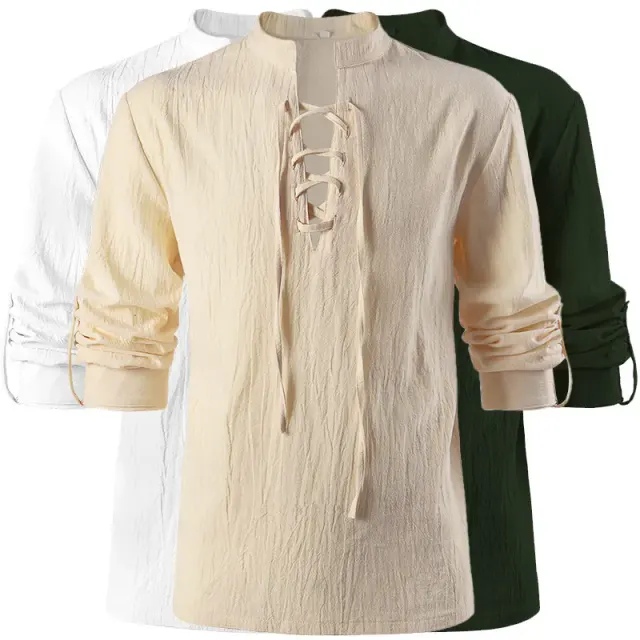 Ein Unisex-Pulloverhemd im Renaissance-Stil mit Stehkragen und Schnürung vorne, konzipiert für Piraten-Cosplay und Bühnenauftritte.