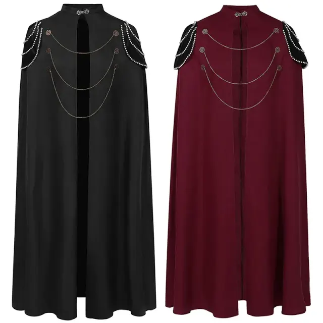 Cape à capuche royale unisexe en noir avec une finition unie et des détails d'inspiration fantastique pour costumes de scène.