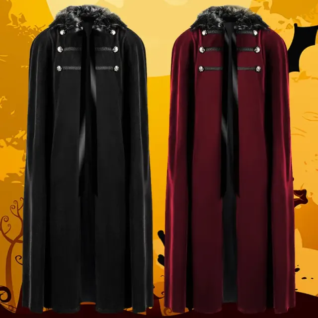 Une cape steampunk mixte avec un épais col en fourrure noir, stylée pour le cosplay d'Halloween.