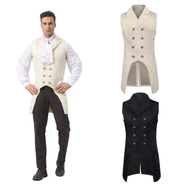 This unisex vintage jacquard double-breasted tailcoat-style vest is shown in white with a Victorian Gothic look for stage and cosplay.