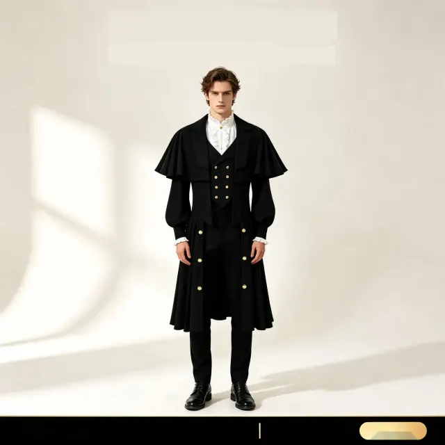 Unisex viktorianischer Gothic-Gentleman-Trenchcoat in Dunkelgrau mit mittellanger Silhouette für Cosplay und Bühnenbekleidung.