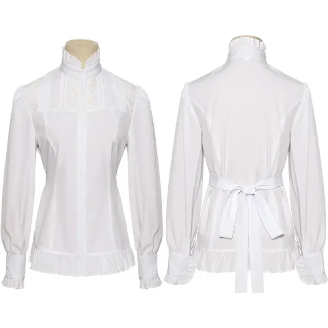 Une chemise à manches longues de style gothique victorien avec détails à volants et une silhouette d'inspiration française, présentée comme pièce de costume de scène et de cosplay.